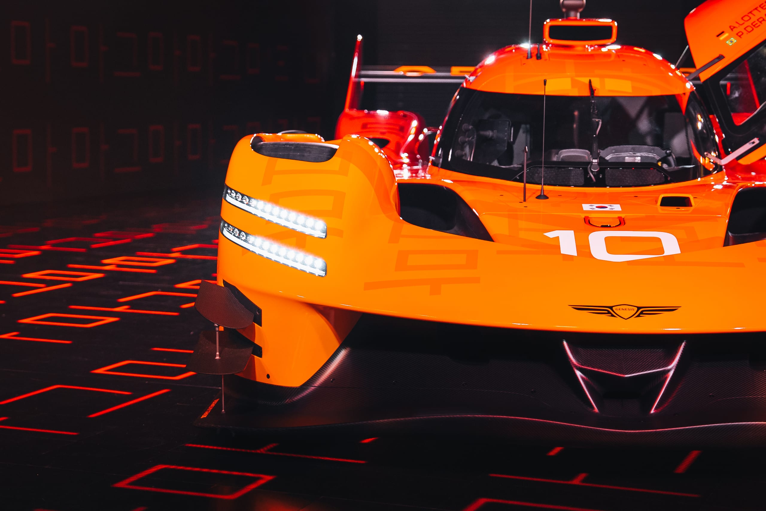 Close-up of the Genesis GMR 001 front end and LED headlights at the New York Auto Show